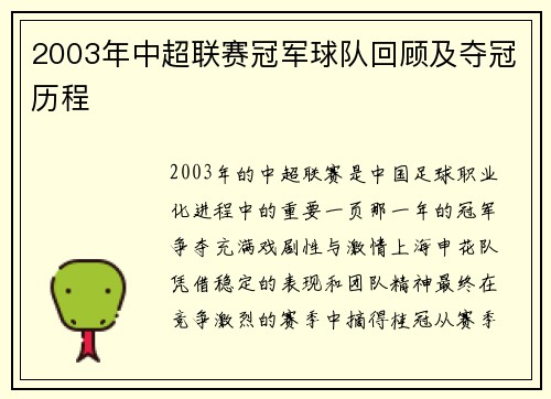 2003年中超联赛冠军球队回顾及夺冠历程