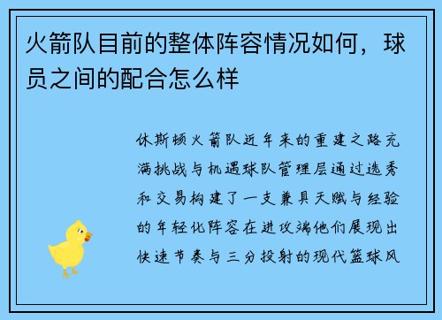 火箭队目前的整体阵容情况如何，球员之间的配合怎么样