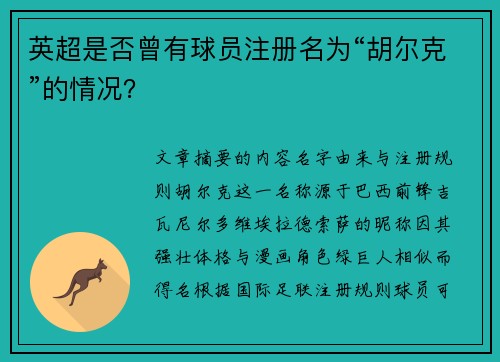 英超是否曾有球员注册名为“胡尔克”的情况？